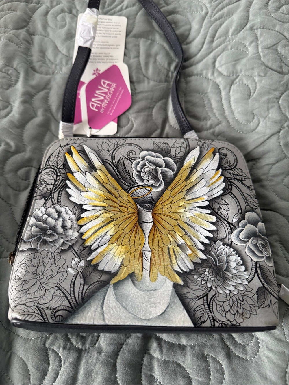 Gray Handbag with Gold Wing Artwork